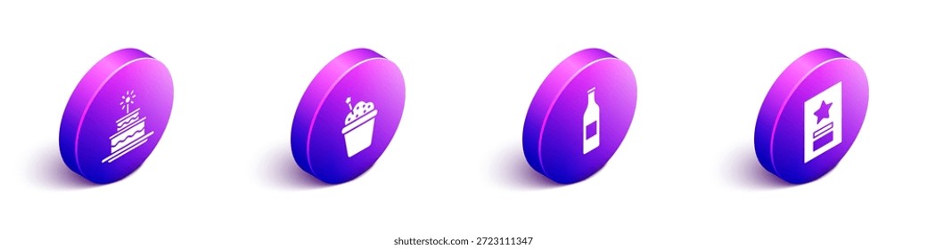 Set pastel isométrico con velas ardientes, pastel, botella de cerveza e icono de tarjeta de felicitación. Vector