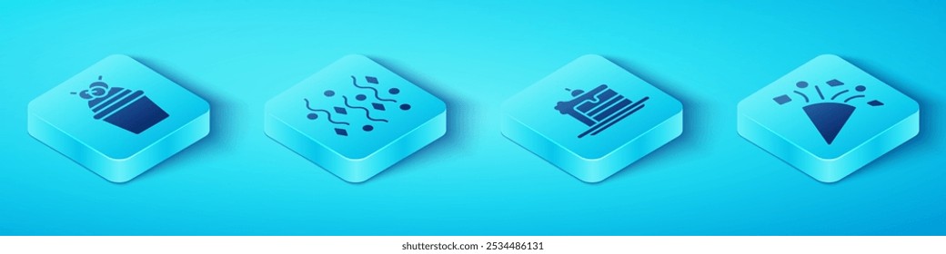 Set Isometric Cake, Festive confetti, Festive confetti and Cake icon. Vector