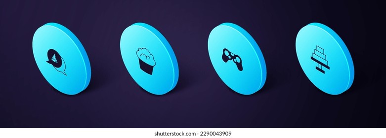 Set Isometric Cake, Gamepad, Muffin and Slice of pizza icon. Vector