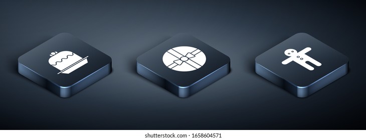 Set Isometric Cake, Holiday gingerbread man cookie and Gift box icon. Vector