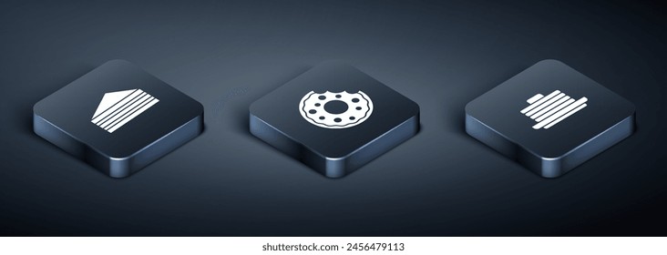 Set Isometric Cake, Stack of pancakes and Donut icon. Vector