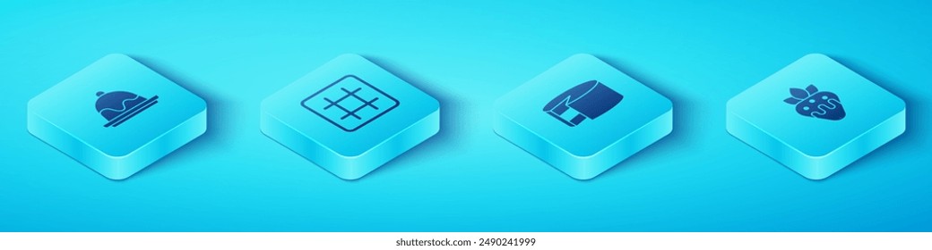 Set Pastel isométrico, gofre, fresa en chocolate e icono. Vector