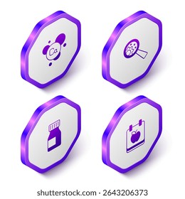 Set Isometric Calcium, GMO, Vitamins and Diet plan icon. Purple hexagon button. Vector