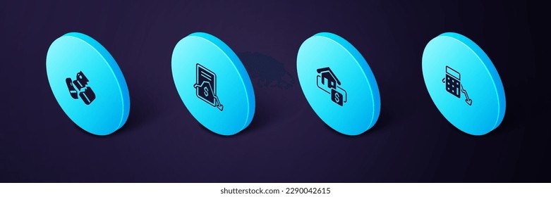 Set Isometric Calculation of expenses, Hanging sign with Sale, Mobile stock trading and Credit card icon. Vector