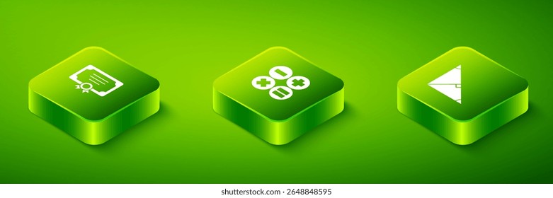Set Isometric Calculator, Angle bisector of triangle and Certificate template icon. Vector