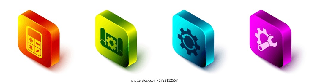 Establecer calculadora isométrica, papel gráfico y engranaje, engranajes y flechas como flujo de trabajo y llave inglesa e icono de engranaje. Vector