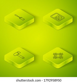 Set Isometric Calculator, Hammer, Processor with microcircuits CPU and Screwdriver icon. Vector