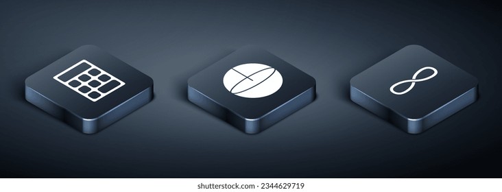 Set Isometric Calculator, Infinity and Geometric figure Sphere icon. Vector