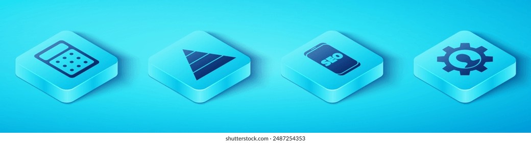 Set Isometric Calculator, Pyramid chart infographics, Human with gear inside and Mobile phone SEO optimization icon. Vector