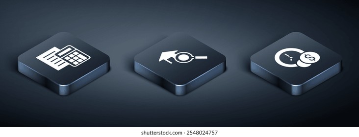 Set Isometric Calculator, Time is money and Search house icon. Vector