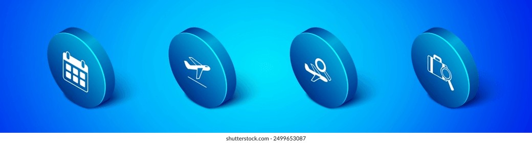 Set Isometric Calendar and airplane, Airplane search, Lost baggage and Plane takeoff icon. Vector