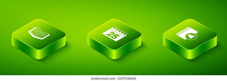 Set Isometric Calendar, Audio book and Open icon. Vector