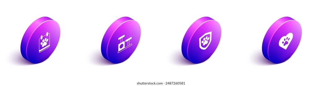 Set Isometric Calendar grooming, Cat scratching post with toy, Animal health insurance and Heart animals footprint icon. Vector