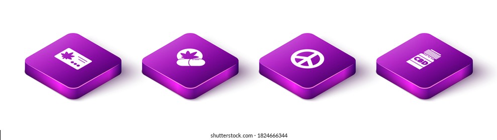 Set Isometric Calendar and marijuana leaf, Herbal ecstasy tablets, Peace and Medical bottle with cannabis icon. Vector.