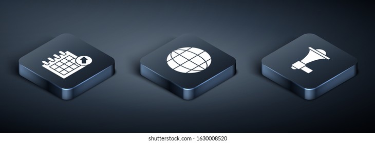 Set Isometric Calendar, Megaphone and Earth globe icon. Vector