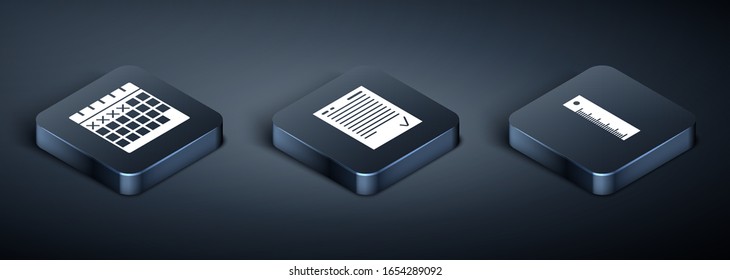 Set Isometric Calendar, Ruler and Exam sheet with check mark icon. Vector