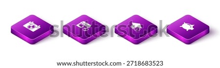 Set Isometric Calendar with shield, Shopping building, Graduation cap and coin and Piggy bank icon. Vector