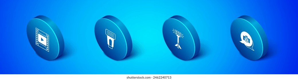 Set Isometric Camera film roll cartridge, Studio light bulb in softbox, Photo camera and flash icon. Vector