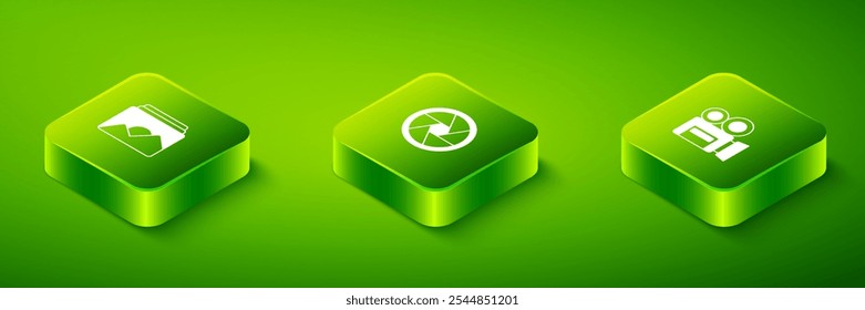 Set Isometric Camera shutter, Retro cinema camera and Photo frame icon. Vector