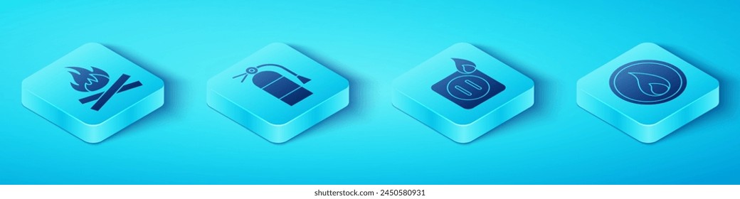 Set Isometric Campfire, Fire extinguisher, Fire flame and Electric wiring of socket in fire icon. Vector