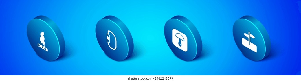 Set Isometric Campfire, Mushroom, Road traffic sign and Carabiner icon. Vector