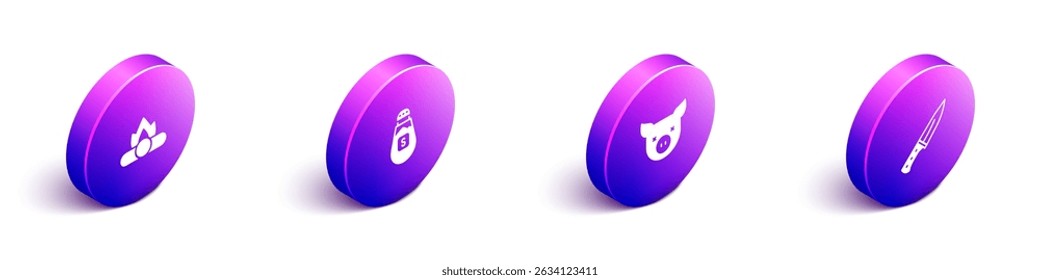Set Isometric Campfire, Salt, Pig and Meat chopper icon. Vector
