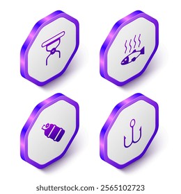 Set Isometric Camping folding chair, Dead fish, Aqualung and Fishing hook icon. Purple hexagon button. Vector