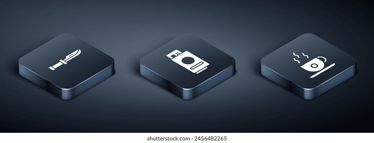 Set Isometric Camping knife, Coffee cup and Passport with ticket icon. Vector