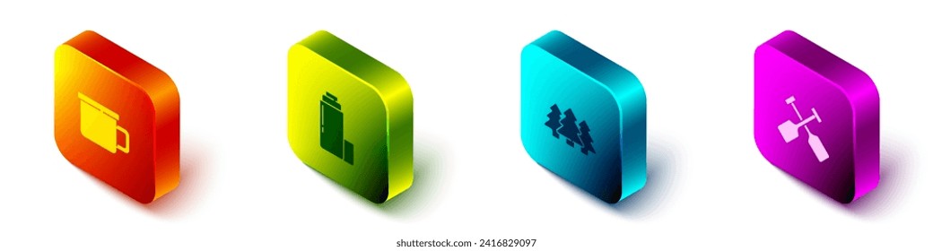 Set Isometric Camping metal mug, Thermos container, Forest and Paddle icon. Vector