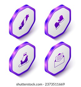 Set Isometric Candy, Christmas mittens, santa claus sleigh and Envelope icon. Purple hexagon button. Vector