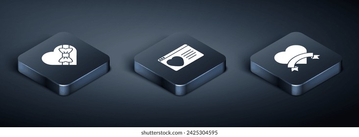 Set Isometric Candy in heart shaped box, Heart and Dating app online icon. Vector