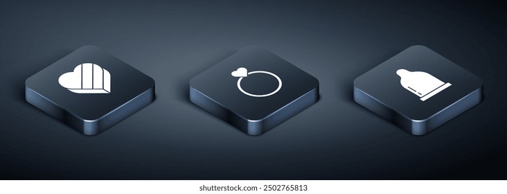 Set Isometric Candy in heart shaped box, Condom and Wedding rings icon. Vector