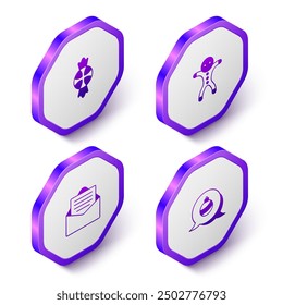 Set Isometric Candy, Holiday gingerbread man cookie, Envelope and Christmas ball icon. Purple hexagon button. Vector
