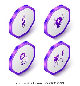 Set Isometric Candy, Spider, Owl bird and Black cat icon. Purple hexagon button. Vector