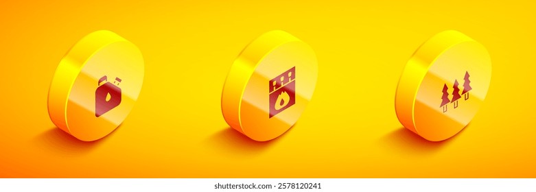 Set Isometric Canister fuel, Matchbox and matches and Forest icon. Vector