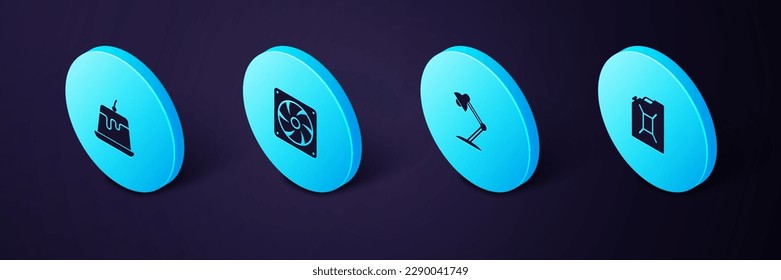 Set Isometric Canister for gasoline, Table lamp, Computer cooler and Pudding custard icon. Vector