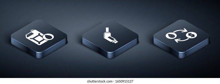 Colocar el cartucho isométrico para aceite de máquinas motoras, Cambio de aceite, transferencia de agua, conversión y icono de la boquilla de la bomba de gasolina. Vector