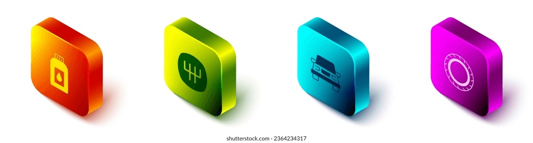 Set Isometric Canister for motor machine oil, Gear shifter, Car and tire wheel icon. Vector