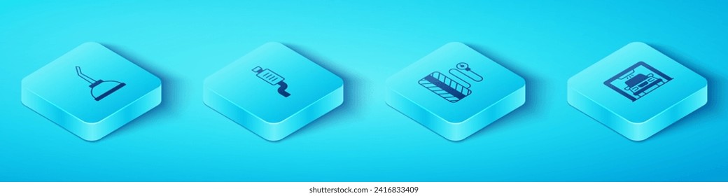 Ajuste el cartucho isométrico para aceite de la máquina de motor, silenciador de coches, lavado e icono del manómetro de presión de los neumáticos. Vector
