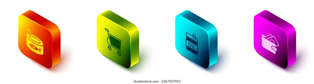 Set Isometric Canned fish, Shopping cart, Bottle of olive oil and Wallet with money icon. Vector