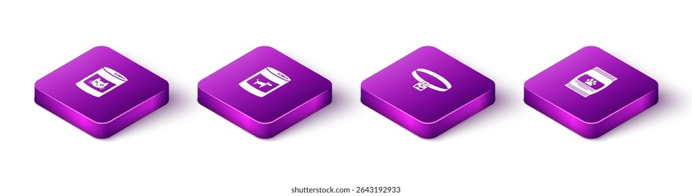Set Isometric Canned food for cat, dog, Dog collar and Bag of pet icon. Vector