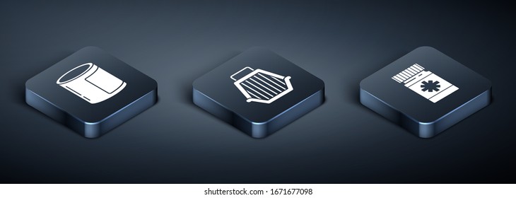 Set Isometric Canned food, Dog medicine bottle and pills and Pet carry case icon. Vector