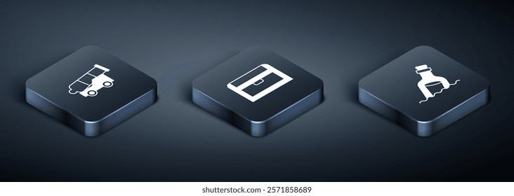 Set Isometric Cannon, Bottle with message in water and Antique treasure chest icon. Vector