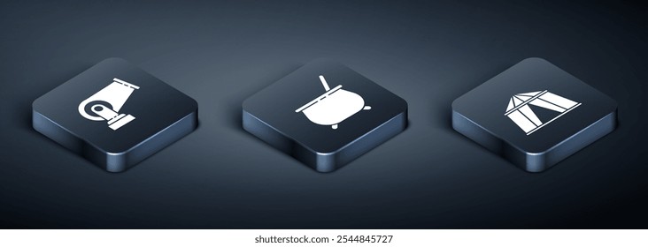 Conjunto Cañón isométrico, carpa de circo e icono de caldero de bruja. Vector