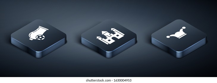Set Isometric Cannon, Jester hat with bells and Castle icon. Vector