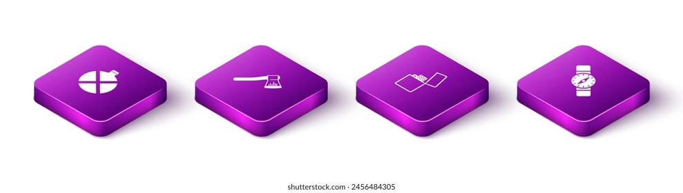 Set Isometric Canteen water bottle, Wooden axe, Lighter and Compass icon. Vector