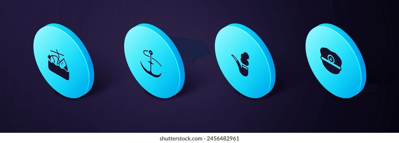 Set Isometric Captain hat, Smoking pipe, Anchor and Sinking cruise ship icon. Vector