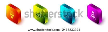 Set Isometric Car air filter, headlight, Motor gas gauge and Traffic cone icon. Vector