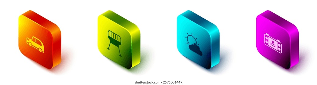 Set Isometric Car, Barbecue grill, Sun and cloud weather and Portable video game console icon. Vector