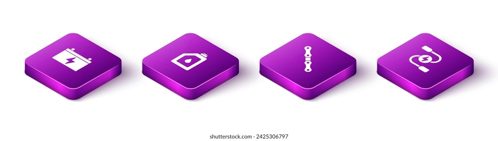 Set Isometric Car battery, Canister for motor oil, chain and jumper power cable icon. Vector